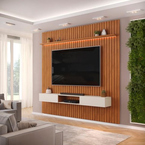 Painel com Bancada para Tv até 75 Polegadas Ripado com Led Dj Móveis Trento 250 Freijó Off White
