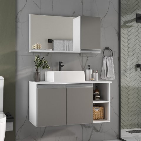 Conjunto de Gabinete Banheiro 80cm com Cuba e Espelheira
