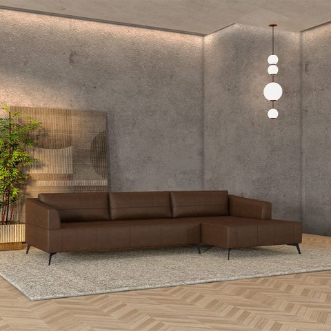 Sofá Bipartido Sala de Estar Kiara 292cm Chaise Direito Pés de Ferro Couro Caramelo Manchado G52 - G