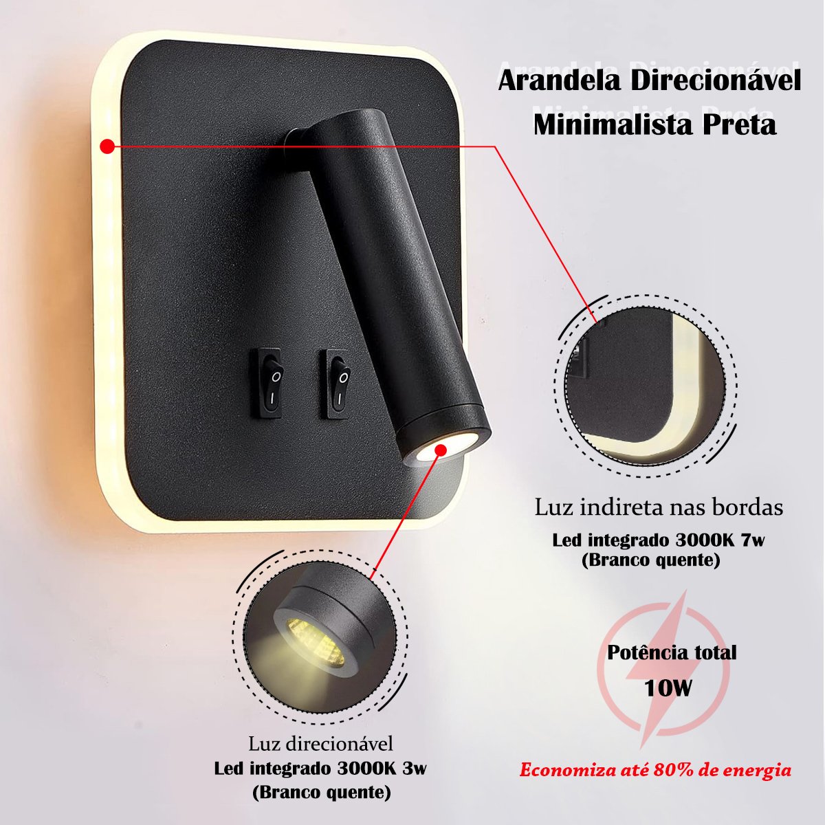 2 Arandela Cabeceira Leitura Led Interruptor Luz Indireta Bet50 - 4