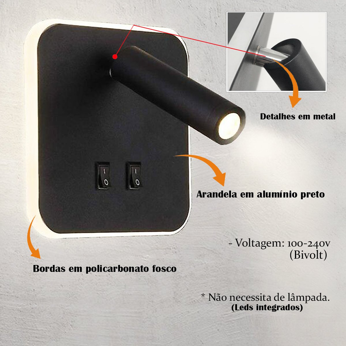 2 Arandela Cabeceira Leitura Led Interruptor Luz Indireta Bet50 - 9