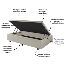 Cama Box Baú Solteiro 88x188x42cm Courino Linho com Pistão a Gás - 4