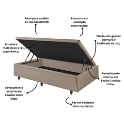 Cama Box Baú Solteiro 88x188x42cm Courino Linho com Pistão a Gás - 4