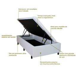 Cama Box Baú Solteiro 88x188x42cm Courino Linho Branco com Pistão a Gás - 4