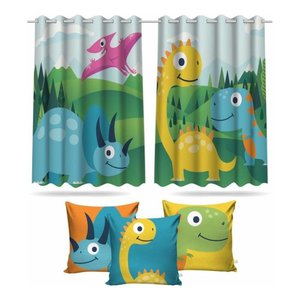 Kit Cortina Infantil Dinossauro Cute + 3 Capas Almofadas