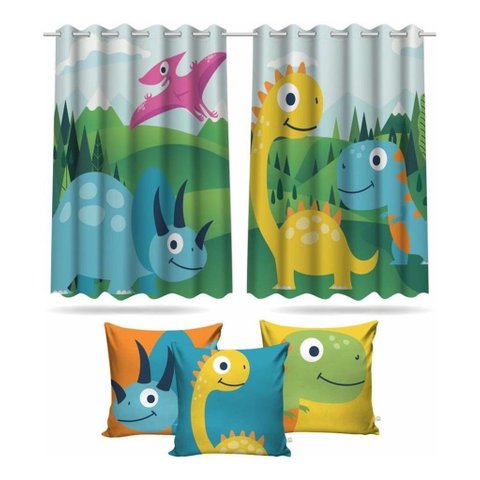 Kit Cortina Infantil Dinossauro Cute + 3 Capas Almofadas