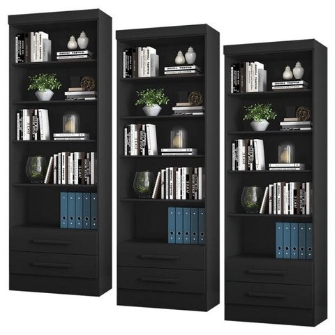 Kit 3 Estantes Livreiro Multiuso 2 Gavetas e 5 Prateleiras Fancy Q01 Preto Fosco - Mpozenato