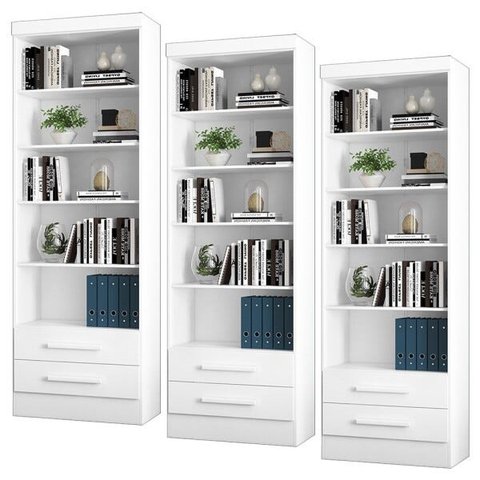 Kit 3 Estantes Livreiro Multiuso 2 Gavetas e 5 Prateleiras Fancy Q01 Branco - Mpozenato
