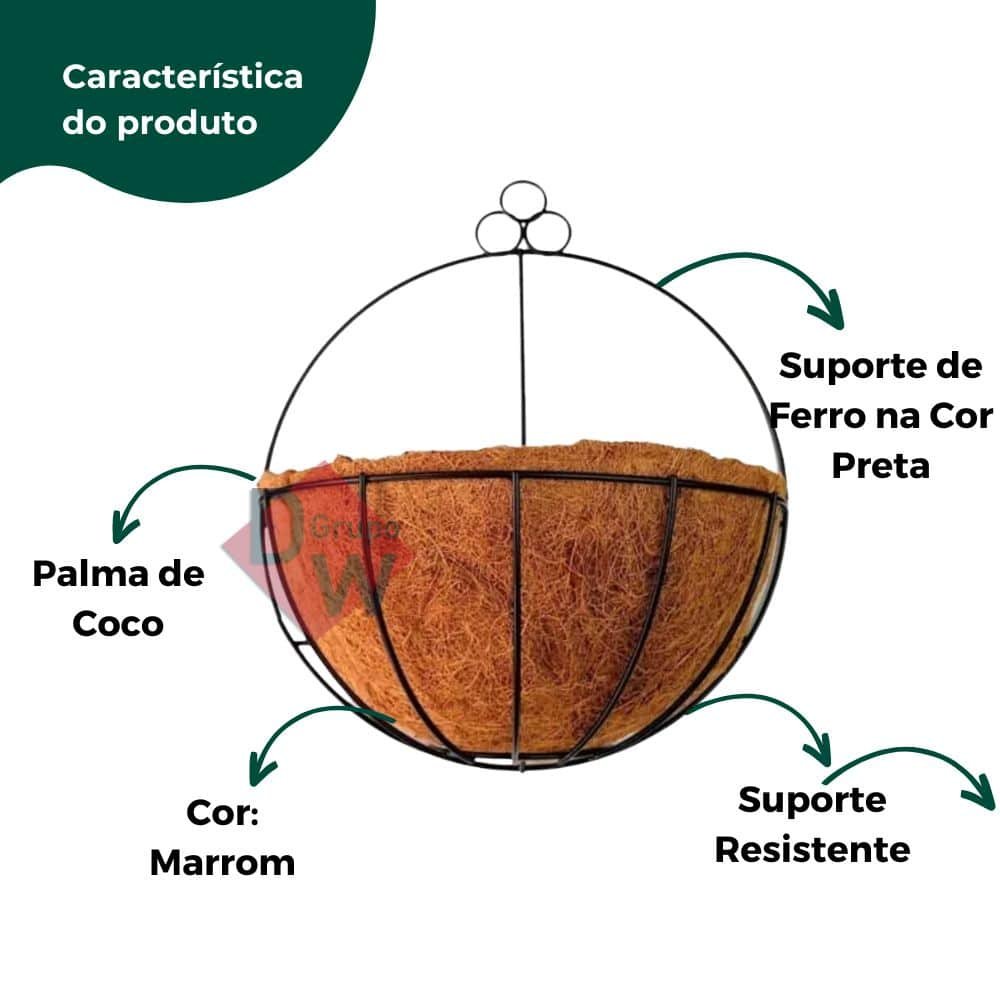 Vaso Meia Cuia Fibra de Coco C/ Suporte Pendente Parede 20cm - 3