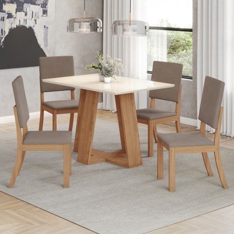 Conjunto Sala Jantar Mesa Lins 120 cm Canto Reto com Vidro 4 Cadeiras Milla Henn