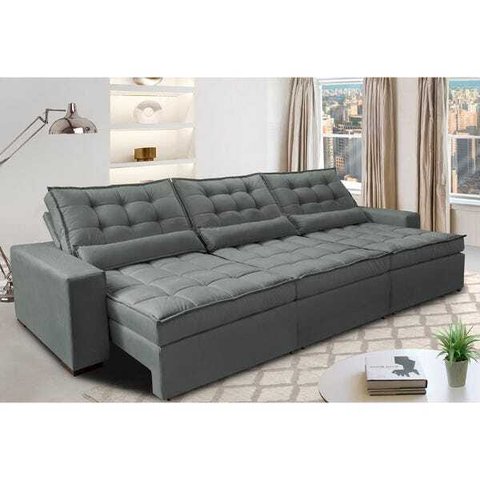Sofá Retrátil e Reclinável 3.82M com Molas Ensacadas Cama Inbox Gold Tecido Suede Velusoft Cinza