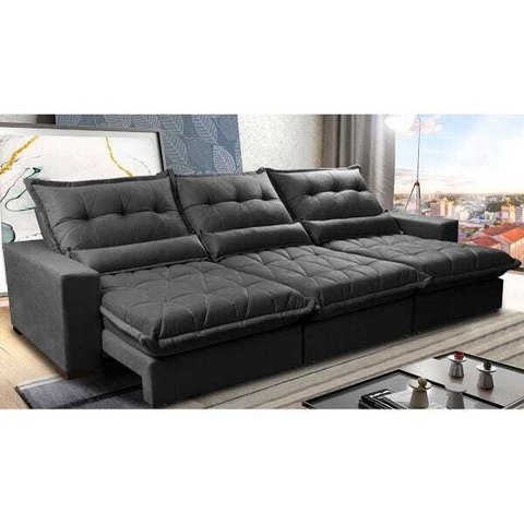 Sofá Retrátil e Reclinável 3.82m com Molas Ensacadas Cama Inbox Soft Tecido Suede Velusoft Preto