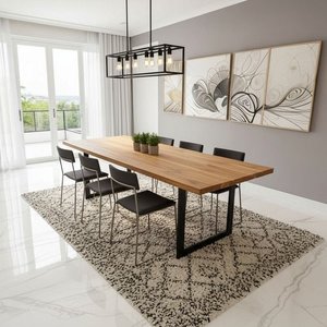 Mesa de Jantar Industrial Madeira Maciça Teca 200x100cm:preto/tampo Painel de Teca