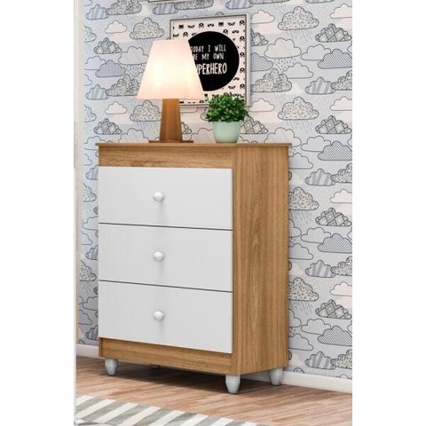 Cômoda infantil 3 Gavetas Nature/Branco Ternura Profissional Decor