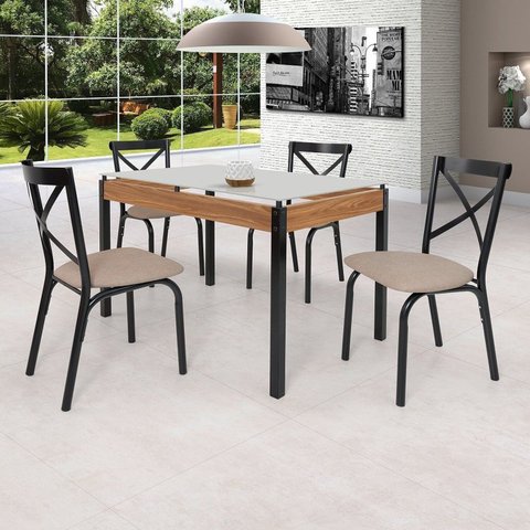 Conjunto Sala de Jantar Mesa 120cm x 77cm Tampo Vidro com 4 Cadeiras Karina Preto/Fosco/Bege