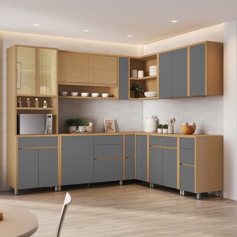 Cozinha 11 Peças Condessa Canto 100% MDF 14 Portas Cinza/Carvalho Titânio