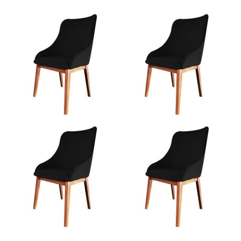 Kit 4 Cadeiras De Jantar Estofada Elisa Anatômica Veludo Preto Base Madeira Maciça Mel Preto