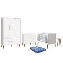 Ver imagem 1 de Dormitório Theo 3 Portas, Cômoda 6 Gavetas, Berço, Mesa de Canto Branco Fosco com Pés Amadeirado e C