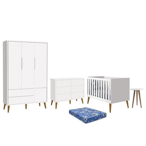Dormitório Theo 3 Portas, Cômoda 6 Gavetas, Berço, Mesa de Canto Branco Fosco com Pés Amadeirado e C