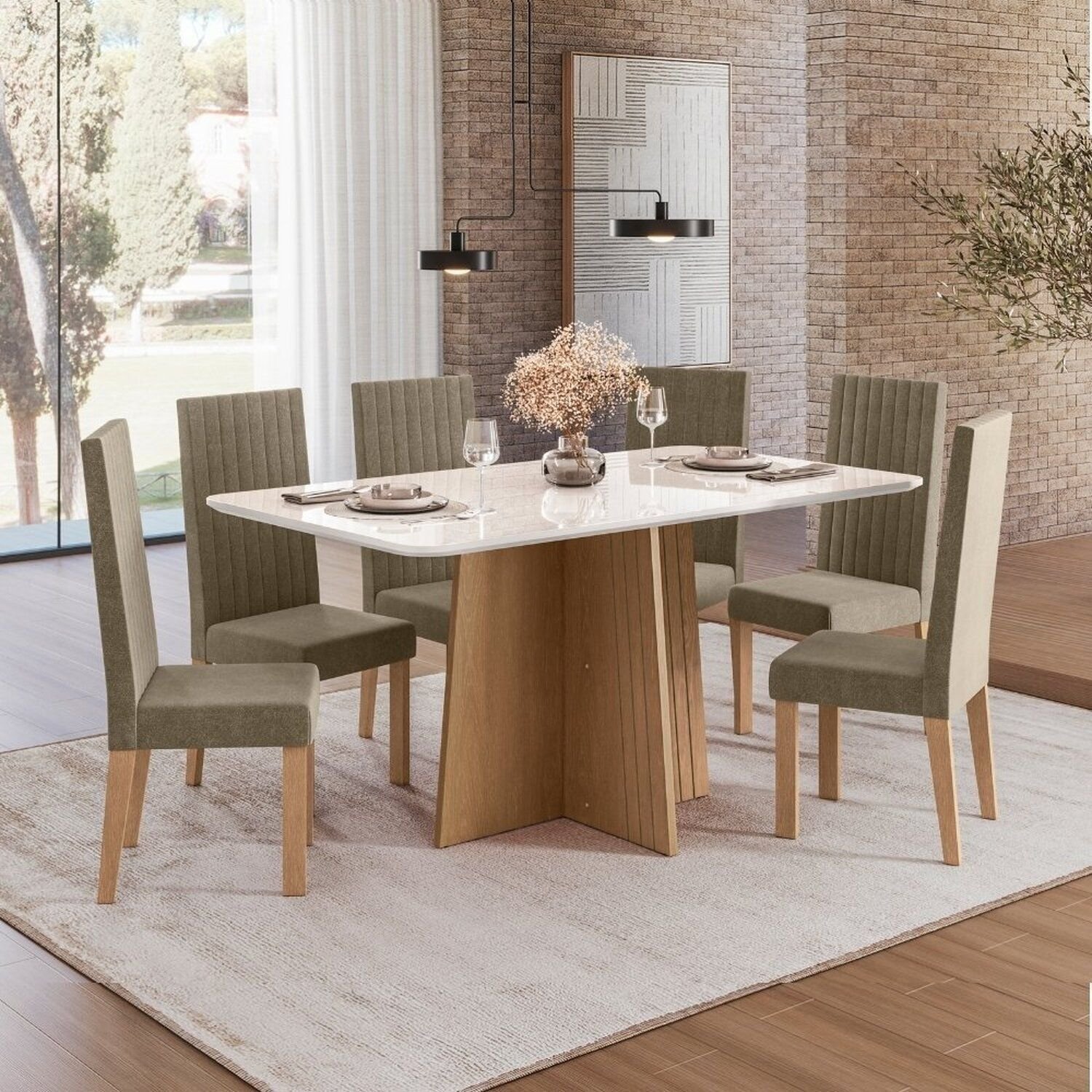 Sala de Jantar Mesa Isa 160cm Vidro 6 Cadeiras Laura Cinza/Mel
