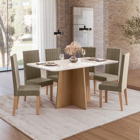 Sala de Jantar Mesa Isa 160cm Vidro 6 Cadeiras Laura Cinza/Mel/Caramelo/Off White