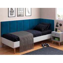 Conjunto Cabeceira Painel Estofada para Cama de Solteiro - Azul - 1