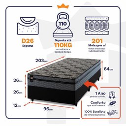Conjunto Cama Box Solteirão c/ Molas Ensacadas Montreal Preto 96x203x64 - 4