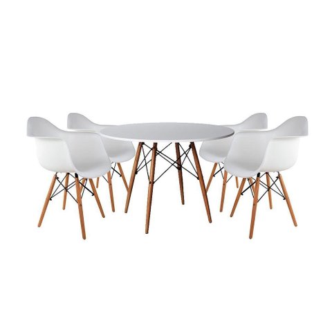 Mesa De Jantar Redonda Em Madeira 90Cm Branca Com 4 Poltronas Brancas Cor: Branco