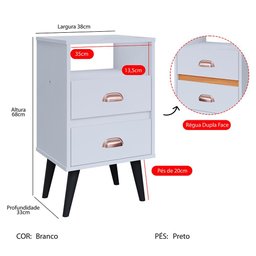 Mesa de Cabeceira Retrô Mesinha Pequena Canto Quarto Lateral Cama 2 Gavetas Nicho - Branco - 8