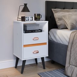 Mesa de Cabeceira Retrô Mesinha Pequena Canto Quarto Lateral Cama 2 Gavetas Nicho - Branco - 3