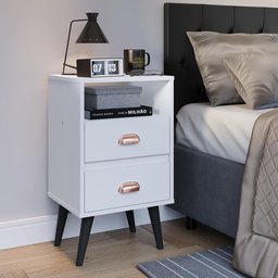 Mesa de Cabeceira Retrô Mesinha Pequena Canto Quarto Lateral Cama 2 Gavetas Nicho - Branco - 2