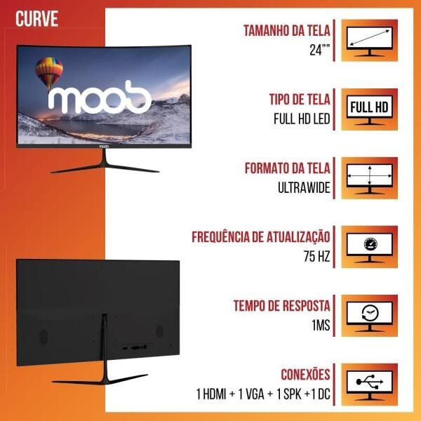 Monitor Moob LED 75Hz Full Hd 24" Tela Curva HDMI | MadeiraMadeira