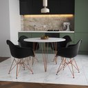Ver imagem 1 de Mesa Jantar Redonda 90cm Branca Clips 3 Pés com 4 Poltronas Eiffel Eames Daw Pretas Base Cobre