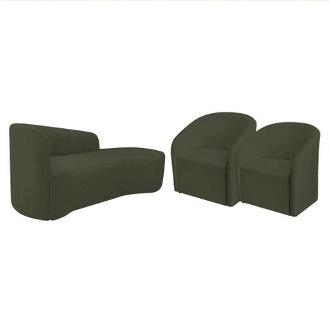 Kit Sofá Curvo França 160cm Ld. e 2 Poltronas Luiza Max Conforto, Linho Verde