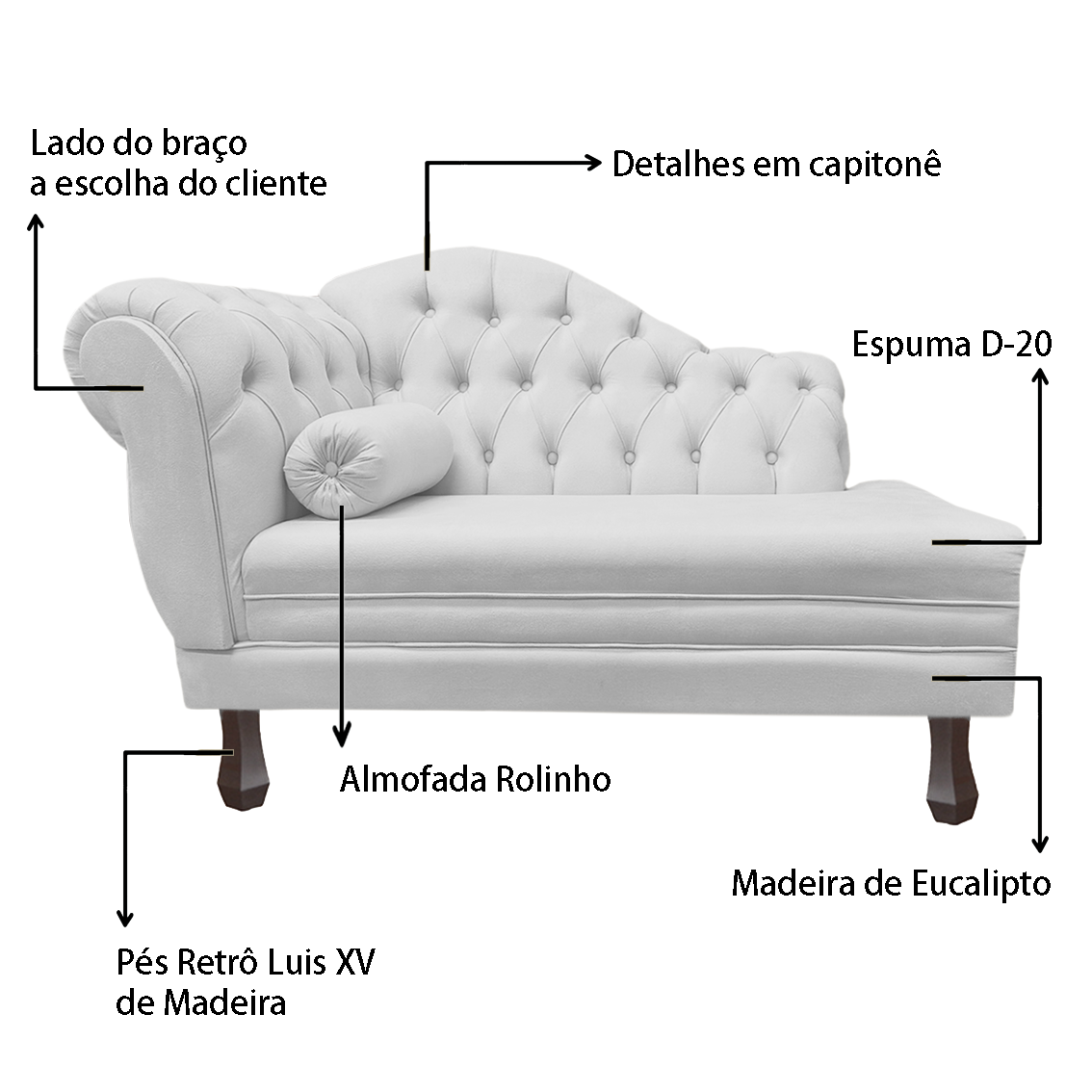 Recamier Sofá Esquerdo Larissa 120cm Sala Corano Branco - Incasa Decor - 5