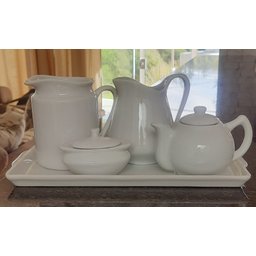 Jogo Café e Chá, Bandeja + Açucareiro barquinha 100ml + Chaleira 400ml + Leiteira 700ml + jarra 740m - 4