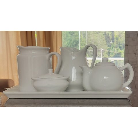 Jogo Café e Chá, Bandeja + Açucareiro barquinha 100ml + Chaleira 400ml + Leiteira 700ml + jarra 740m