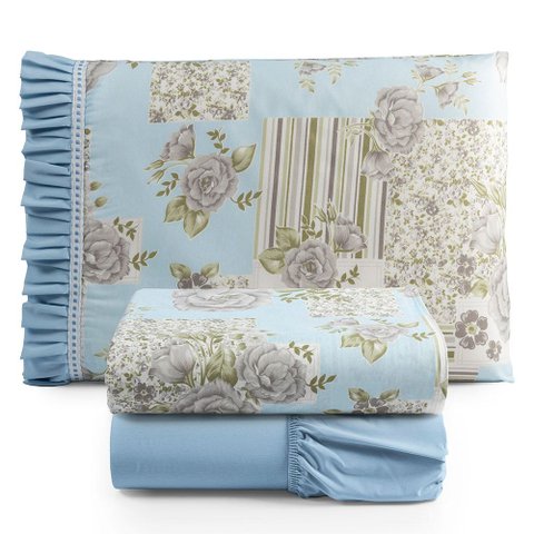 Jogo Cama Lençol Fiore Solteiro Estampado 180 Fios 100% Algodão com Babadinho 3 Peças Azul Floral