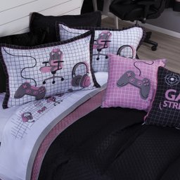 Kit Cobre Leito Game Streamer Rosê Dupla Face C/ Almofadas King 07 Peças - 7