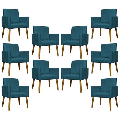 Kit 10 Poltronas Decorativas Mari Pé Palito Castanho - Azul-marinho Suede