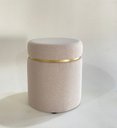 Ver imagem 1 de Puff Redondo Estofado com Detalhe Dourado, Tecido Linho Bege, Decorativo Sala Moveis