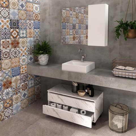 Kit Lavabo com Gaveteiro e Espelheira Mármore Branco Tecno Mobili