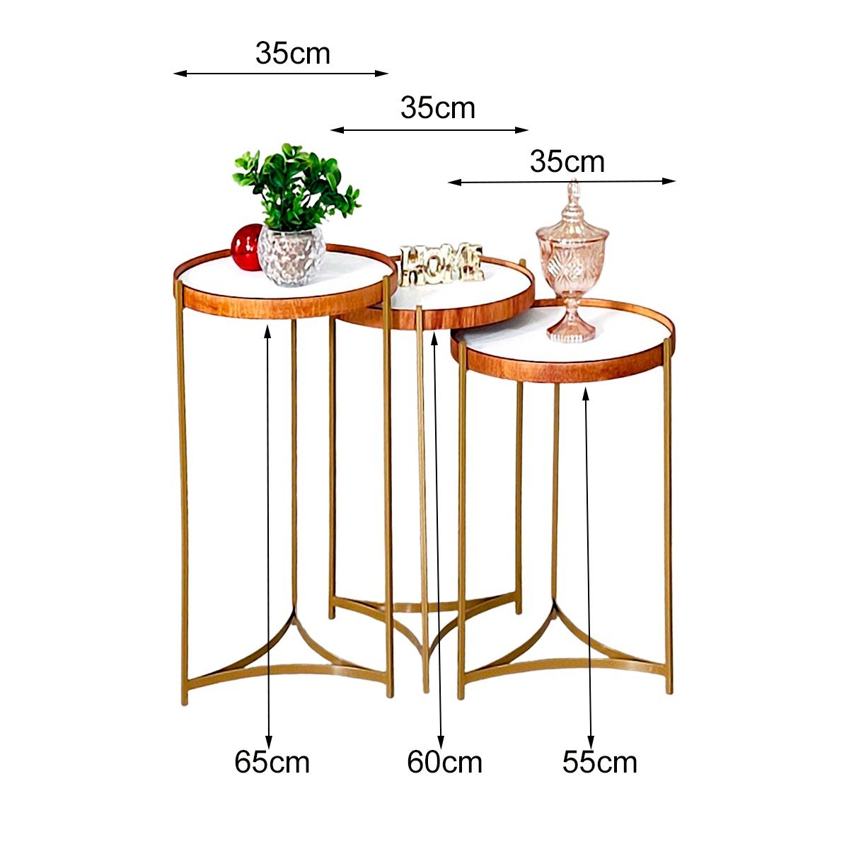 Conjunto Mesa Apoio Lateral Pequena Redonda Madeirado Ambiente Recepção Casa:Tampos Brancos Ferragen - 5