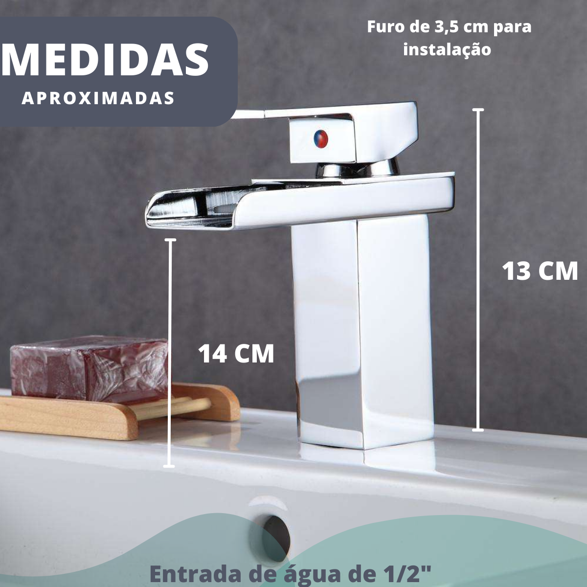 Torneira Banheiro Lavabo de Bancada Monocomando c/ Misturador em Metal  Estilo Cascata Quadrada Crom - 2