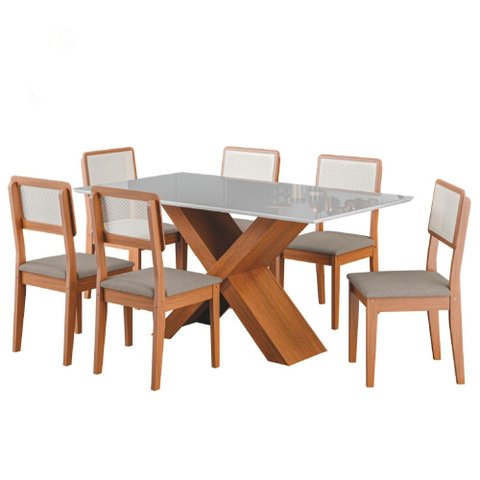 Conjunto de Mesa Sala de Jantar Tampo com Vidro 1,60m Grécia 6 Cadeiras Santiago Dobuê