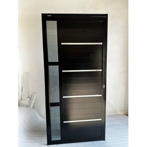 Porta de Alumínio Preto Lambri Simples 210x100 C/ Puxador e Vidro