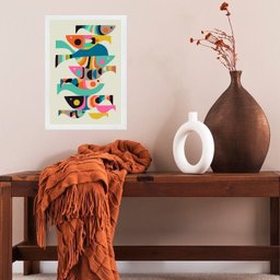 Quadro Arte Cardume de Peixes Abstrato Colorido 45x34cm:moldura Branca - 1