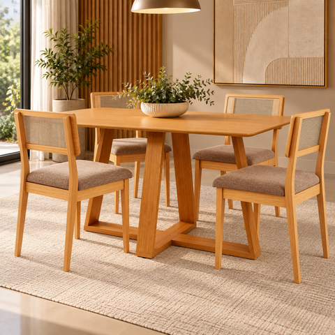 Conjunto Mesa de Jantar MDF 4 Cadeiras Estofadas e Tela Sintética Carvalho Rose/Taupe - Dalla Costa
