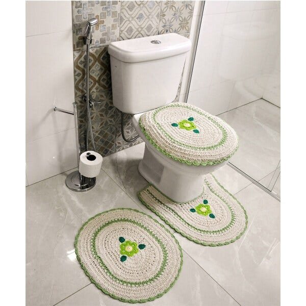 Jogo De Banheiro Crochê Bordado Inglês Produzido Artesanalmente Verde - Bene Casa - 1
