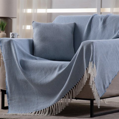 Manta Decorativa para Sofá Boho Hebrom Azul Fastlar Manta 100% Algodão 140x250cm